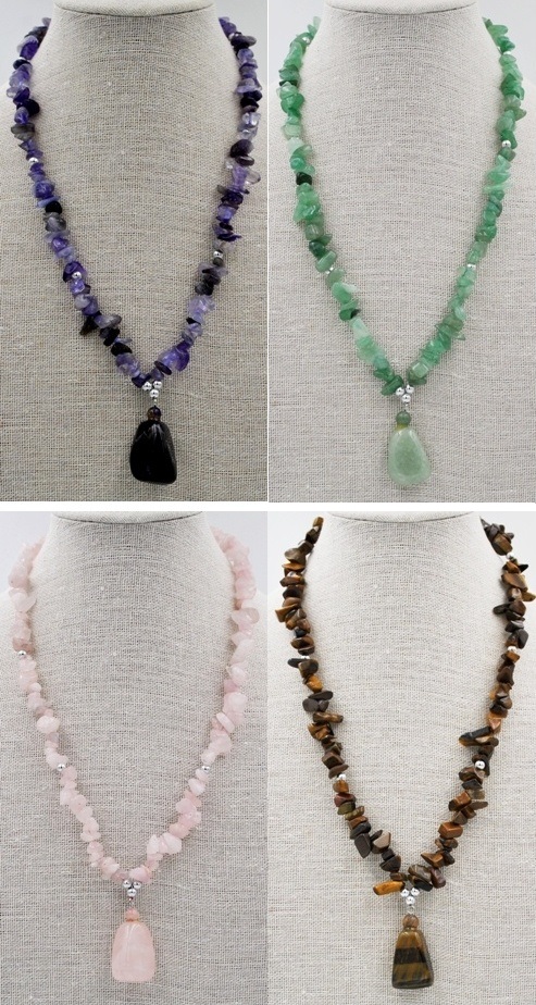 Dozen (12 Pc.) 18" Mixed Chip Stone Necklaces With Nugget Pendants #CN300