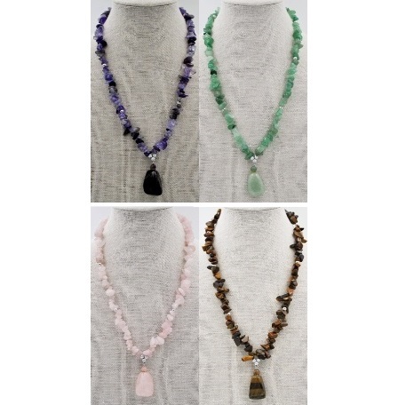 Dozen (12 Pc.) 18" Mixed Chip Stone Necklaces With Nugget Pendants #CN300