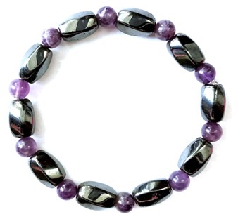 Dozen (12 PC.) 6mm Amethyst And Hematite Beads Hematite Bracelets On Elastic Cord #HBR-022