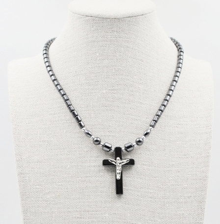 Silver Crucifix Cross Hematite Necklace #HN-0002