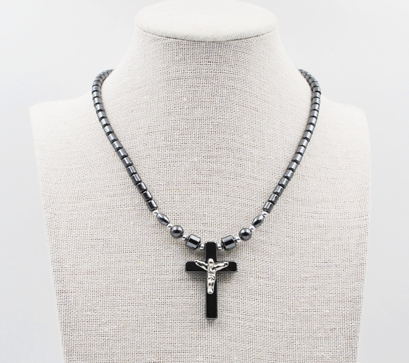 Silver Crucifix Cross Hematite Necklace #HN-0002