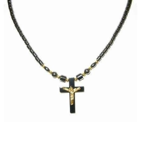 Dozen 22" Long Golden Crucifix Hematite Cross Hematite Necklace #HN-224