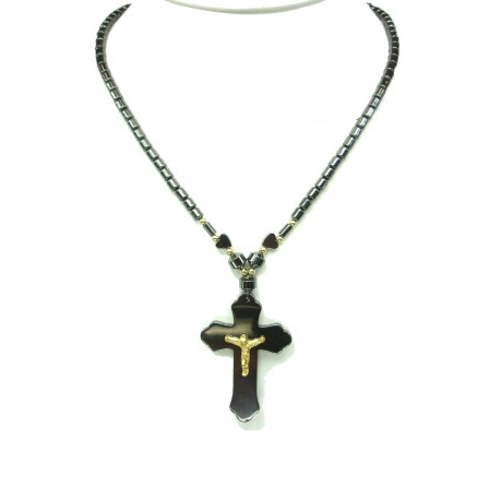 Large Gold tone Crucifix Hematite Necklace #HN-0006