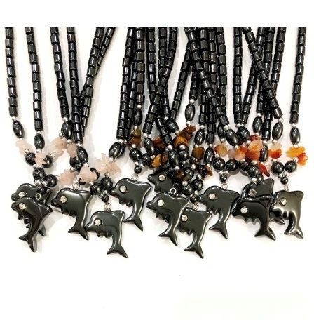 Dolphin with Chip Stone Beads & Rhinestone Eye Hematite Necklaces #HN-0025