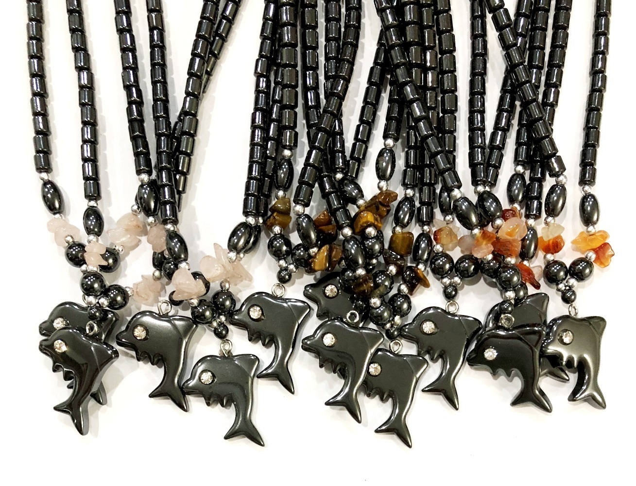 Dolphin with Chip Stone Beads & Rhinestone Eye Hematite Necklaces #HN-0025