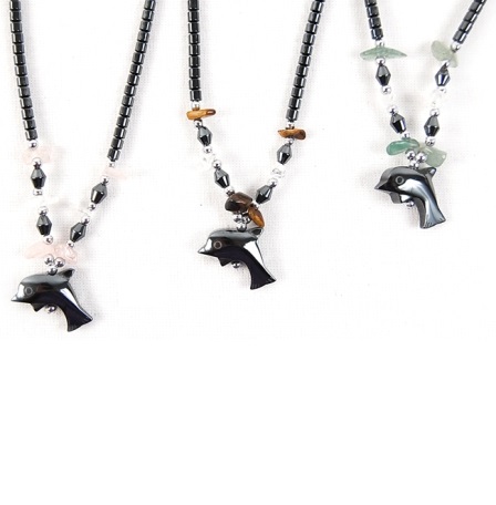 Small Dolphin Hematite Necklace with Color Stone Beads #HN-0027