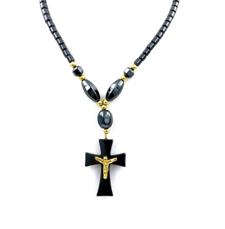 Wide Golden Crucifix Cross Hematite Necklaces (NON-Magnetic) #HN-0053A