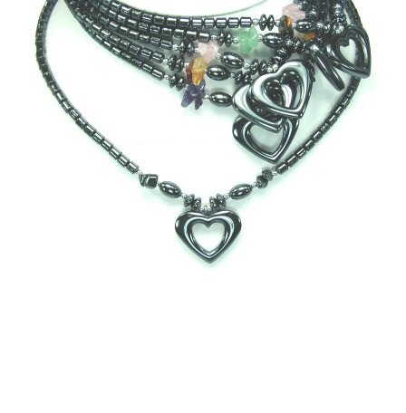 Medium Open Heart Hematite Necklace with Chip Stone #HN-0067