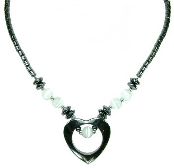 Dozen White Fiber Optic Open Heart Hematite Necklaces (NON-Magnetic) #HN-0101WH