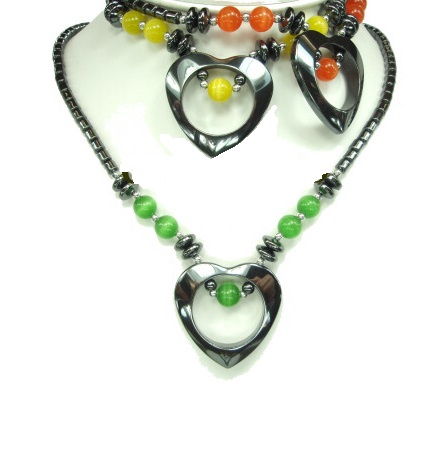Dozen Open Heart Hematite Necklace With Fiber Optic Beads #HN-0101Y