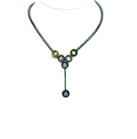 Dozen Multi Fiber Optic Color Beads Dangle Donuts Hematite Necklace #HN-0153