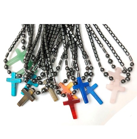 Dozen 24" Long Assorted Mixed Colors) Stone Crosses Hematite Necklaces #HN2293