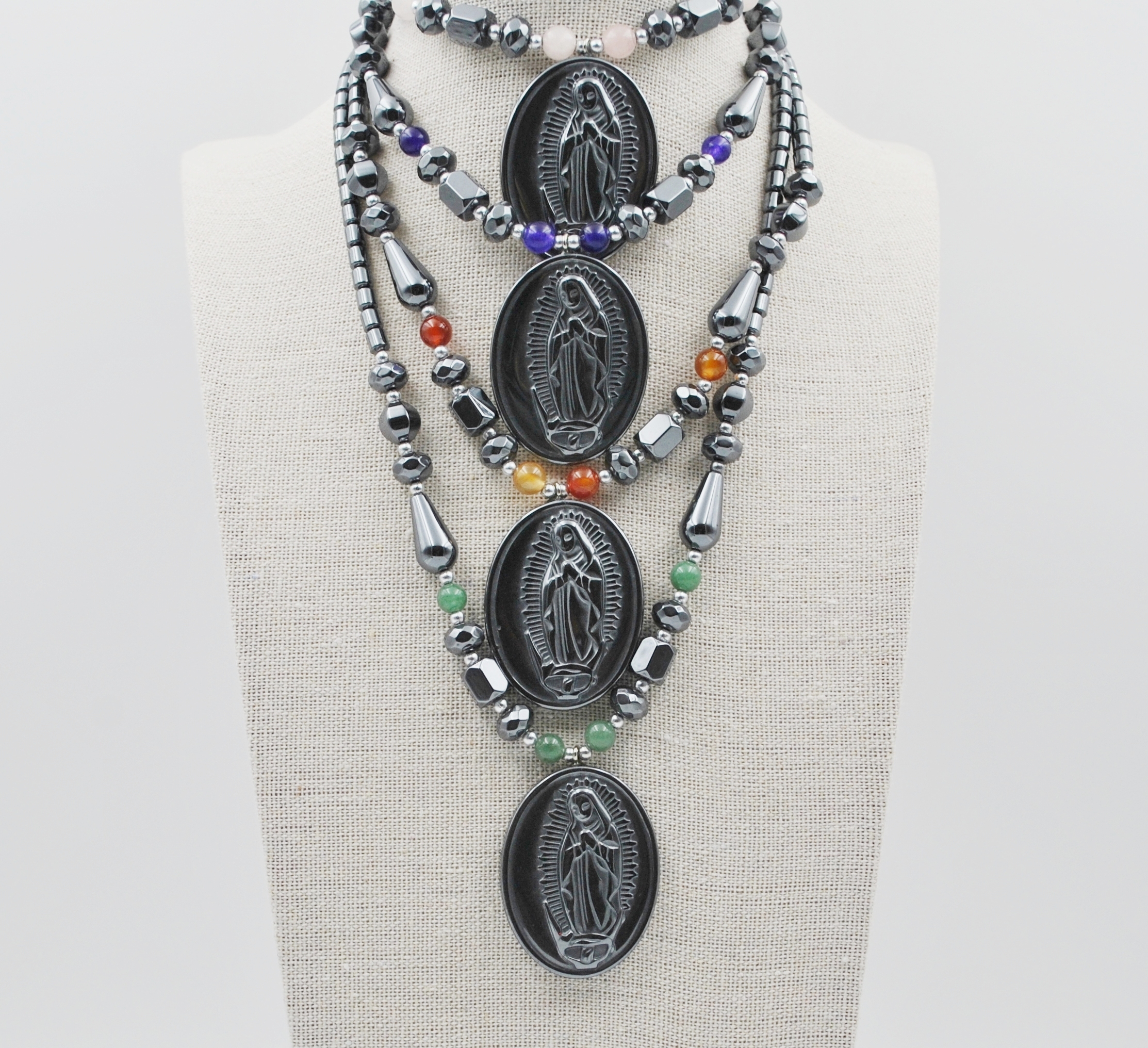 Dozen Virgin Mary Guadalupe Hematite Necklaces #HN-80160C