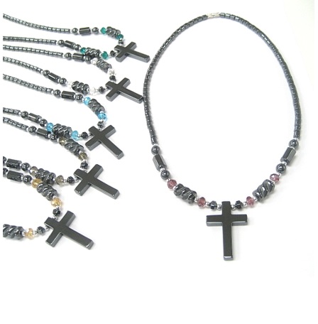 Dozen 24" Long Assorted Colors) Crosses Hematite Necklaces #HN22458
