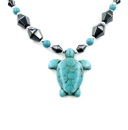 Dozen NEW Medium Turquoise Turtle Hematite Necklace #HN-81063