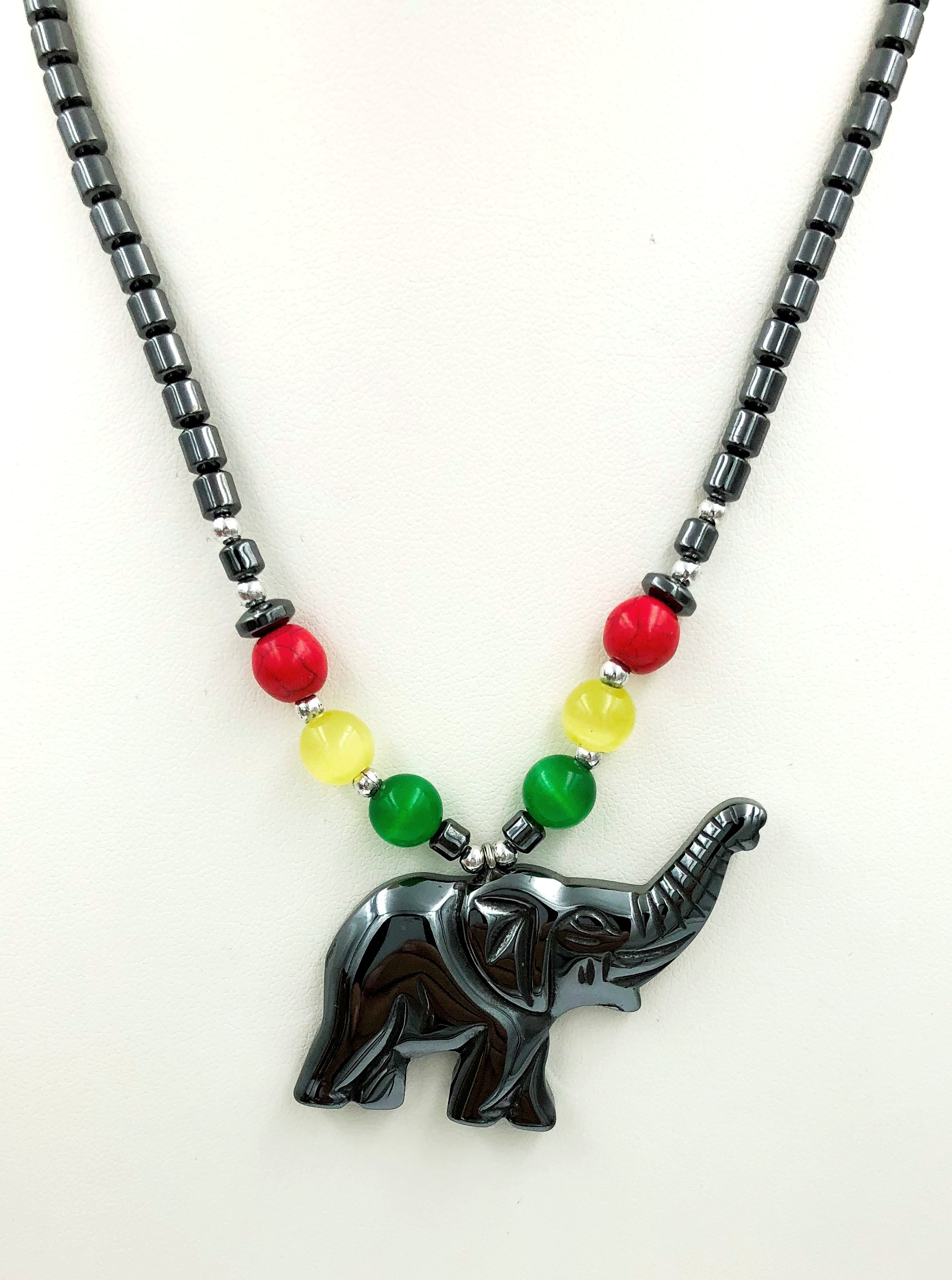 Dozen Elephant With Multi Color Beads Hematite Necklace #HN-83494