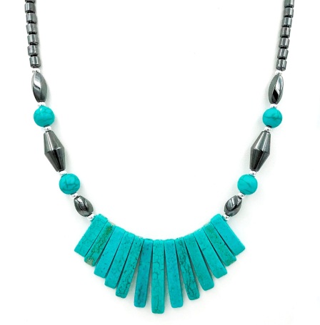 Dozen Wide Turquoise Fan Hematite Necklace (NON-Magnetic) #HN-80747