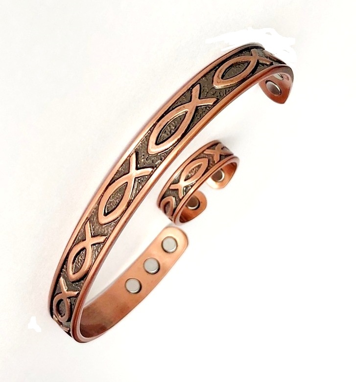 Fish Design Magnetic Therapy Copper Bangle/Ring Set #MBGR226