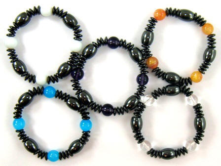 5 Pcs. Mixed Round Color Beads Magnetic Hematite Bracelets On Elastic Cord #MHB-608-29E