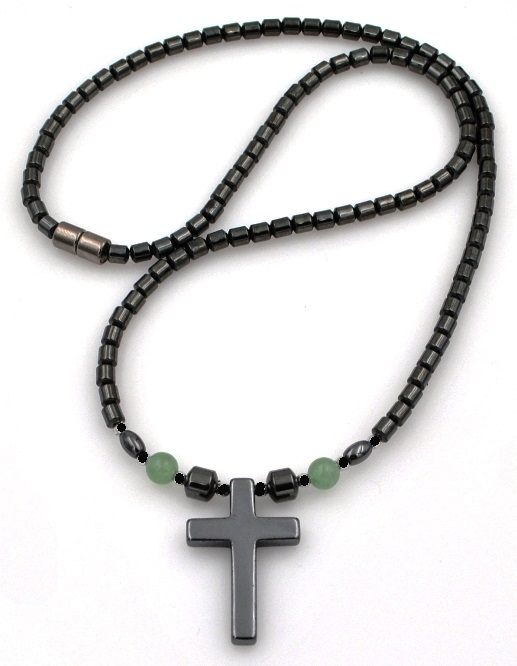 Hematite Cross With Aventurine Beads Magnetic Necklace #MN-0111AV