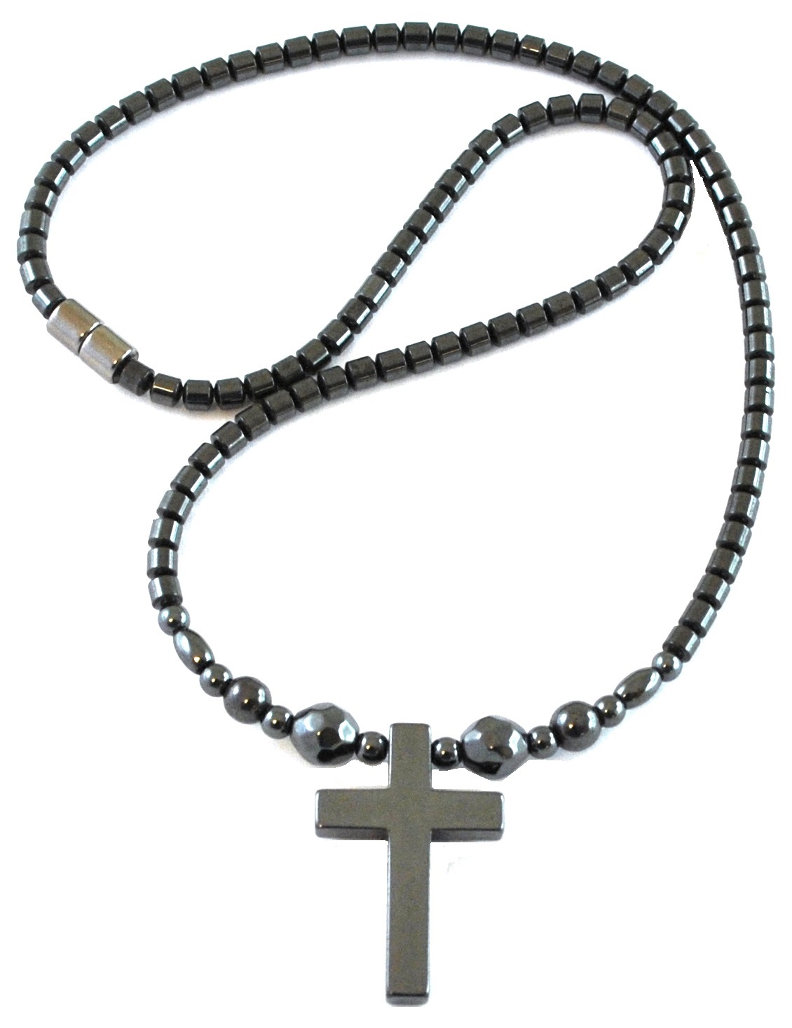 Hematite Cross With Faceted Beads Magnetic Necklace #MN-0111FBK