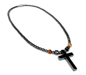 Hematite Cross With Tiger-Eye Beads Magnetic Necklace #MN-0111TE