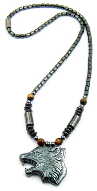 Wolf Head With Tiger Eye Beads Magnetic Necklace #MN-0114TE
