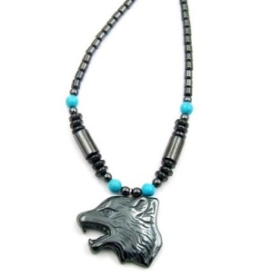 Wolf Head With Turquoise Beads Magnetic Necklace  #MN-0114TQ