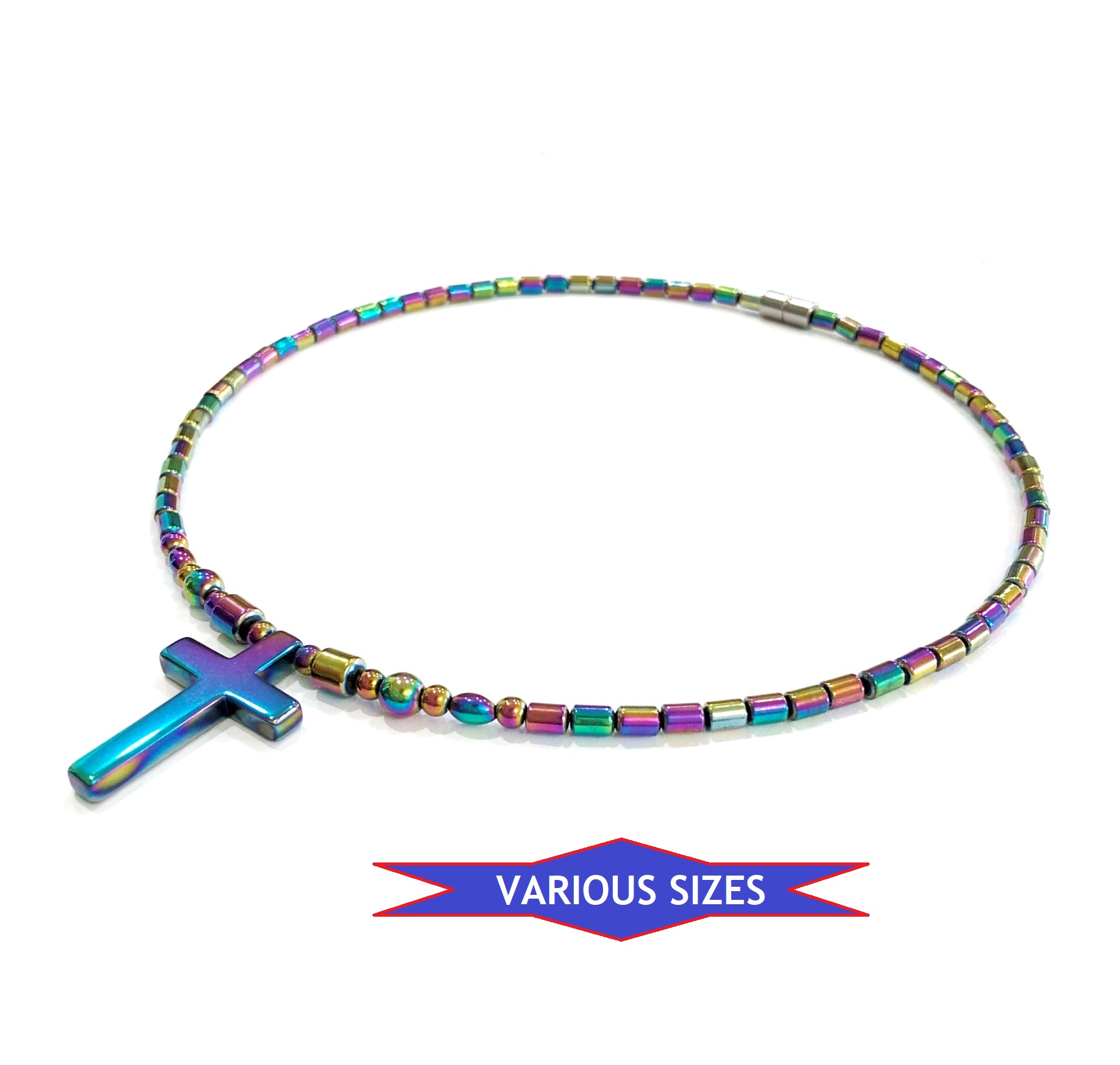 Iridescent Magnetic Necklace Magnetic Therapy Necklace With 35mm Rainbow Hematite Cross Pendant #MN-111RA