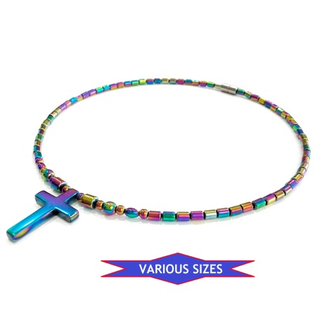 Iridescent Magnetic Necklace Magnetic Therapy Necklace With 35mm Rainbow Hematite Cross Pendant #MN-111RA