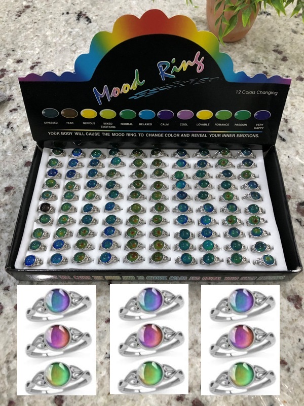 100 PC. In Box Mixed Sizes Mood Rings They Change Color With Temperature  #MR-9612