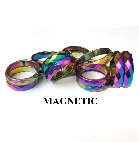 12 PC. MAGNETIC Faceted 6mm Diamond Cut Rainbow Hematite Rings Mixed Sizes #RR1654-812