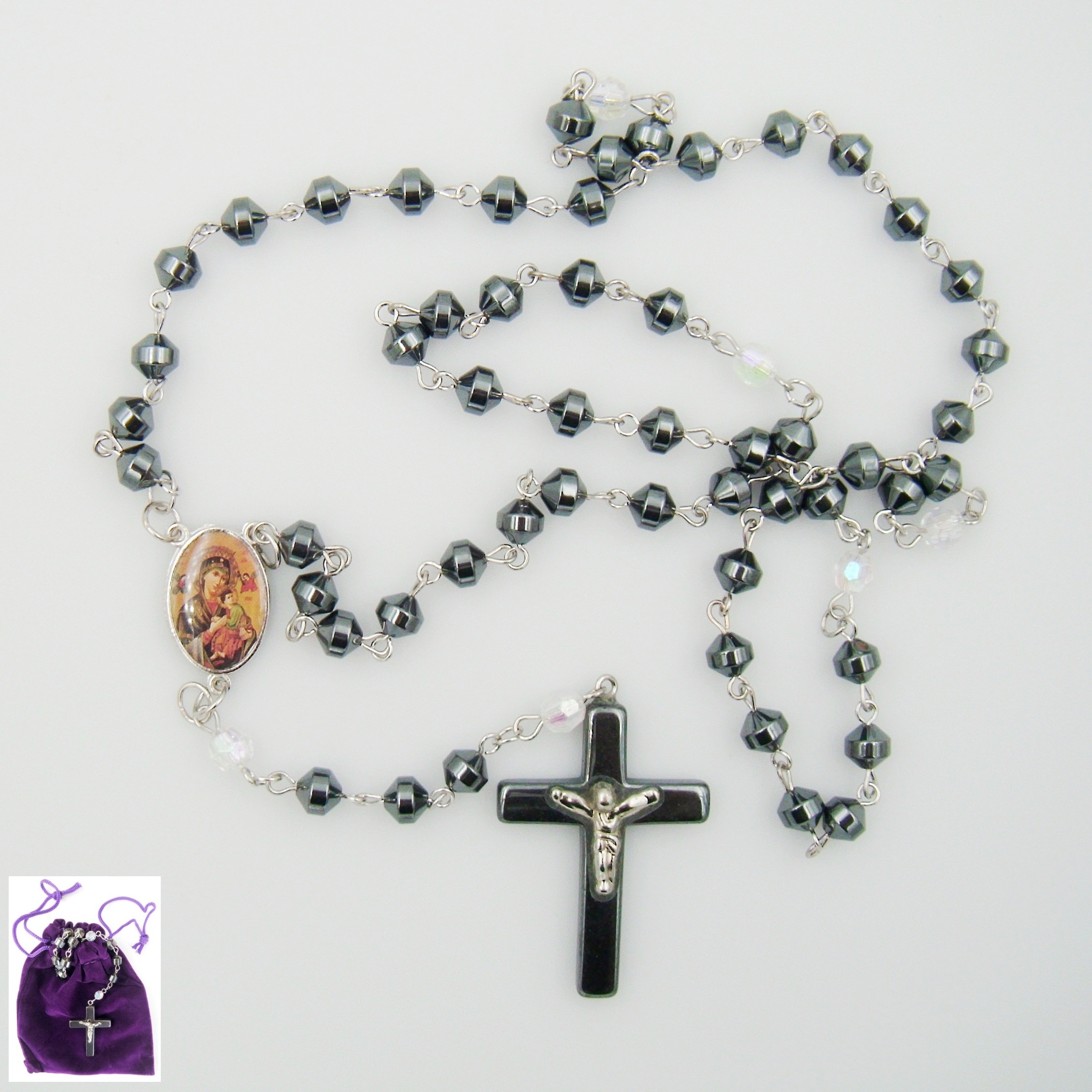 1 PC. Perpetual Help AB Crystal Hematite Rosary Prayers Rosary