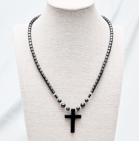Plain Cross Hematite Necklace With Silver Beads  (NON-Magnetic) #HNN0001