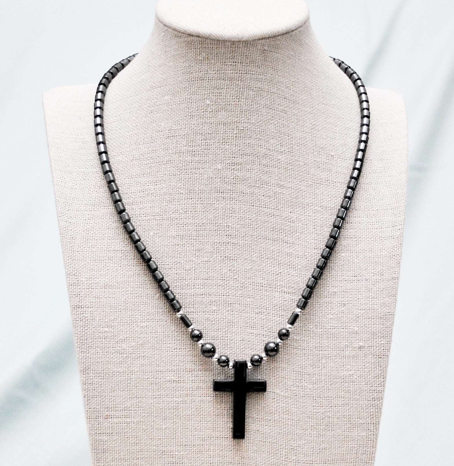 Plain Cross Hematite Necklace With Silver Beads  (NON-Magnetic) #HNN0001