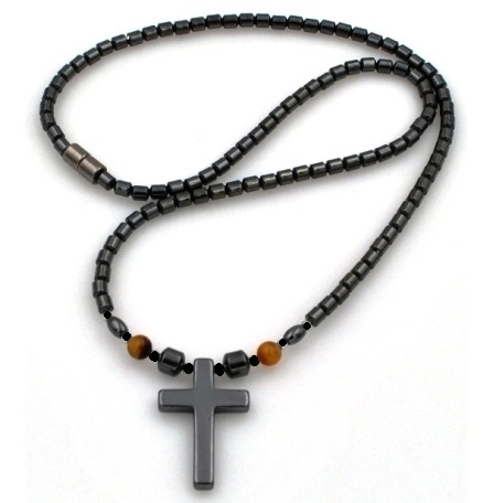 Hematite Cross With Tiger-Eye Beads Magnetic Necklace