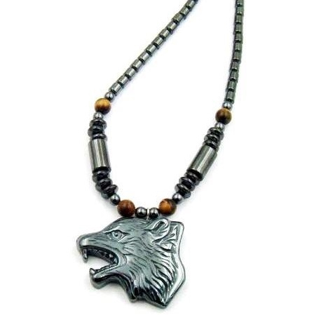 Wolf Head With Tiger Eye Beads Magnetic Necklace