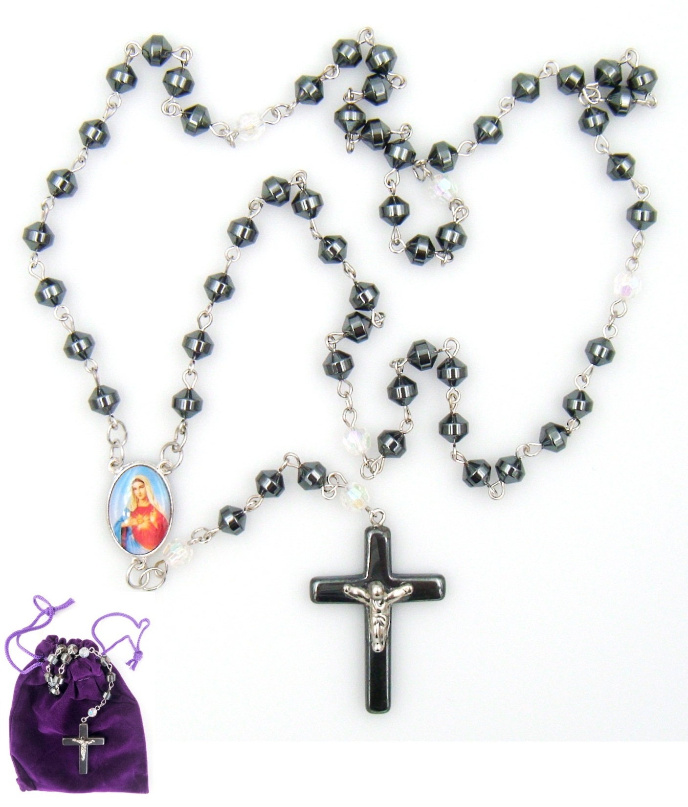 Heart Mary AB Crystal Hematite Rosary Prayers Rosary