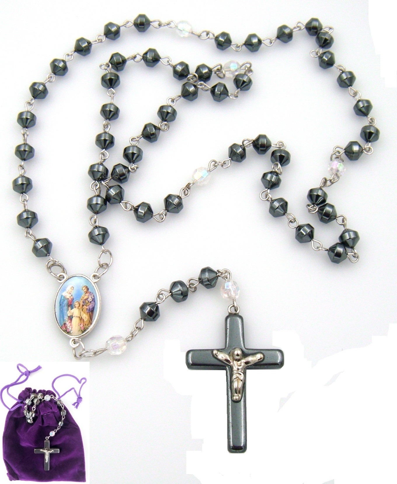 Holy Family AB Crystal Hematite Rosary Prayers Rosary