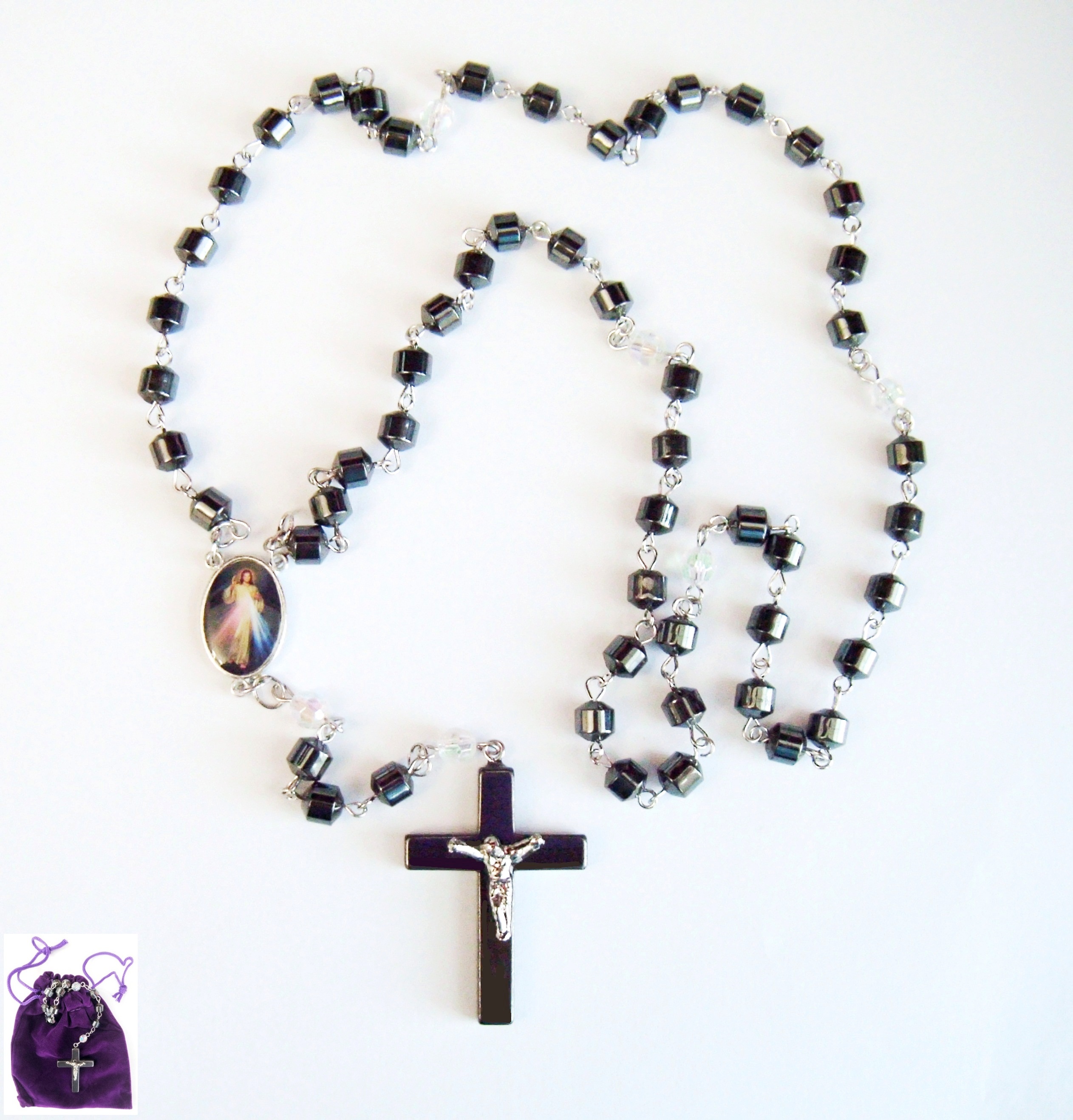 Jesus Mercy AB Crystal Hematite Rosary Prayers Rosary