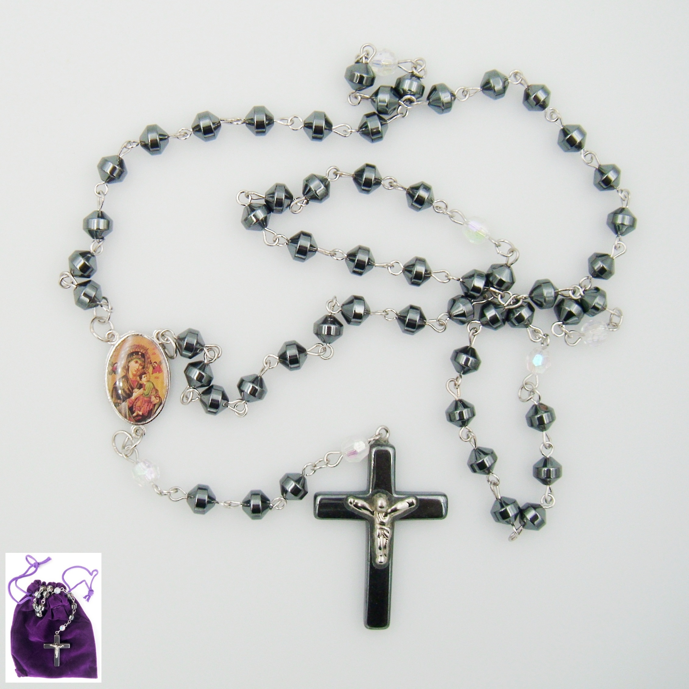 Perpetual Help AB Crystal Hematite Rosary Prayers Rosary