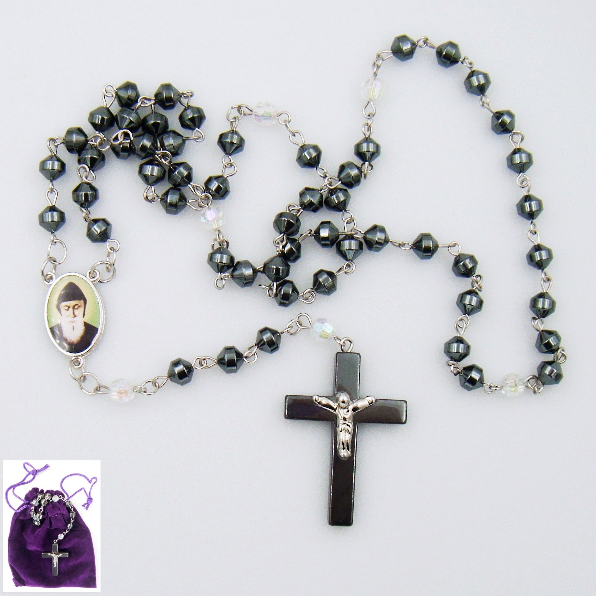 Saint Charbel AB Crystal Hematite Rosary Prayers Rosary