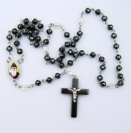Saint Charbel AB Crystal Hematite Rosary Prayers Rosary