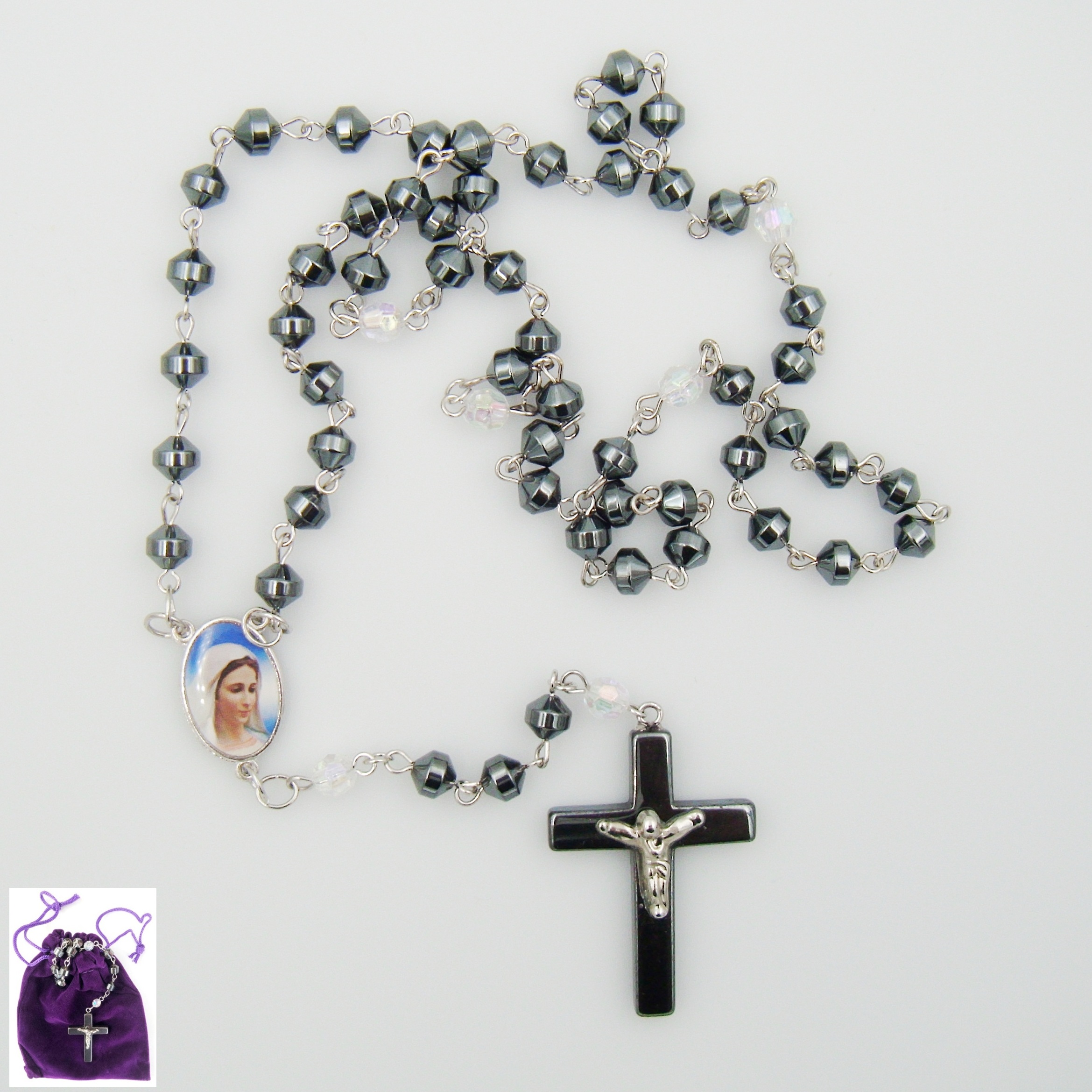 Saint Mary AB Crystal Hematite Rosary Prayers Rosary