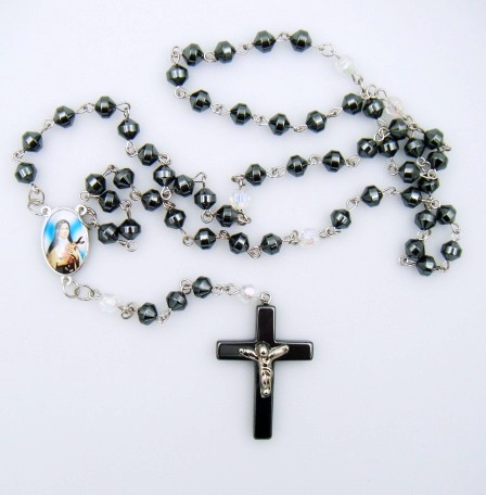 Saint Theresa AB Crystal Hematite Rosary Prayers Rosary
