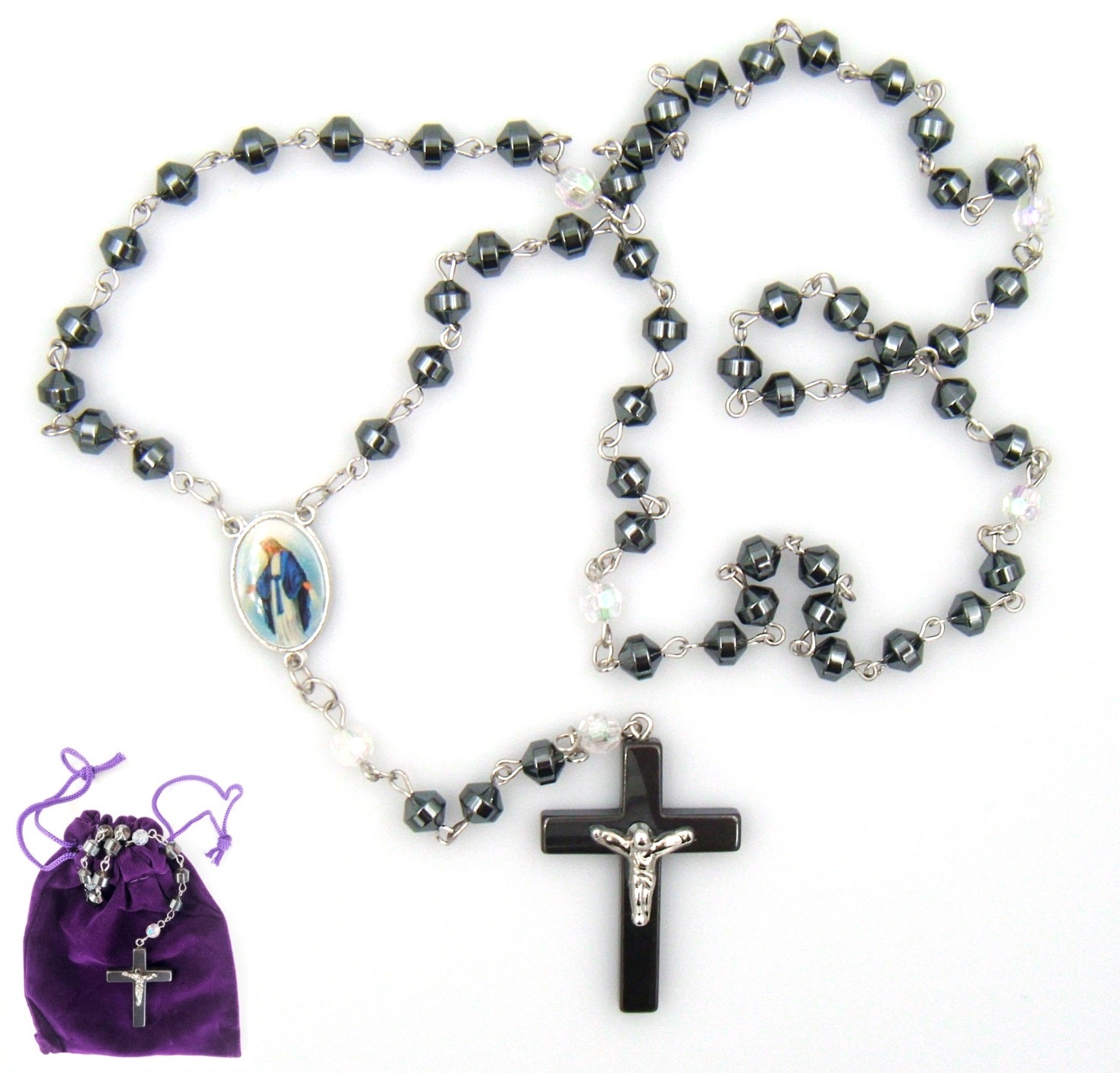 Virgin Mary AB Crystal Hematite Rosary Prayers Rosary