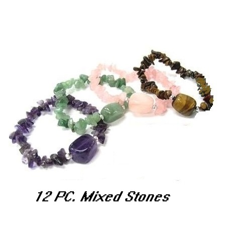 Dozen 12 PC. Mixed 4 Colors Chip Stone Bracelets With Nugget #CB-83b