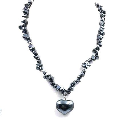Dozen (12 PC.) 18" All Hematite Heart Chip Stone Necklace With Puff Heart Pendant #CHN212-H