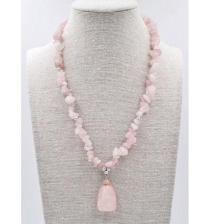 Dozen (12 Pc.) 18" Rose Quartz Chip Stone Necklace With Nugget Pendant #CN83RQ
