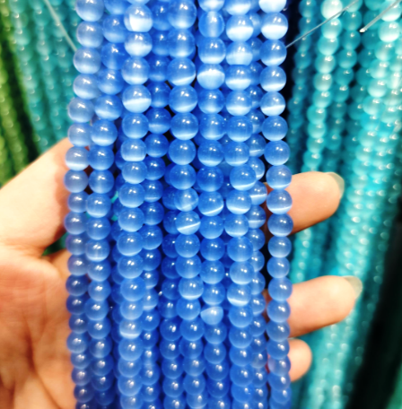 66 Beads 15" 6mm Light Blue Fiber Optic Cat's Eye Glass Beads AAA Quality #FBR6-LB